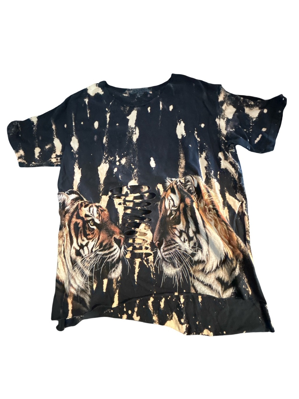 The Mountain Bleach Dye Tiger Graphic T-Shirt Distressed Slash Cutout Unisex